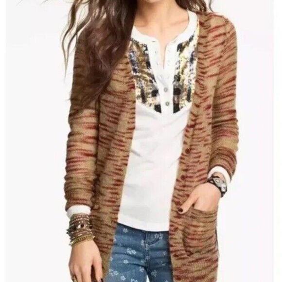 Free People FP Beach Tiger Stripe Mohair Cardigan Tan Red Bohemian Layering M - Picture 1 of 9